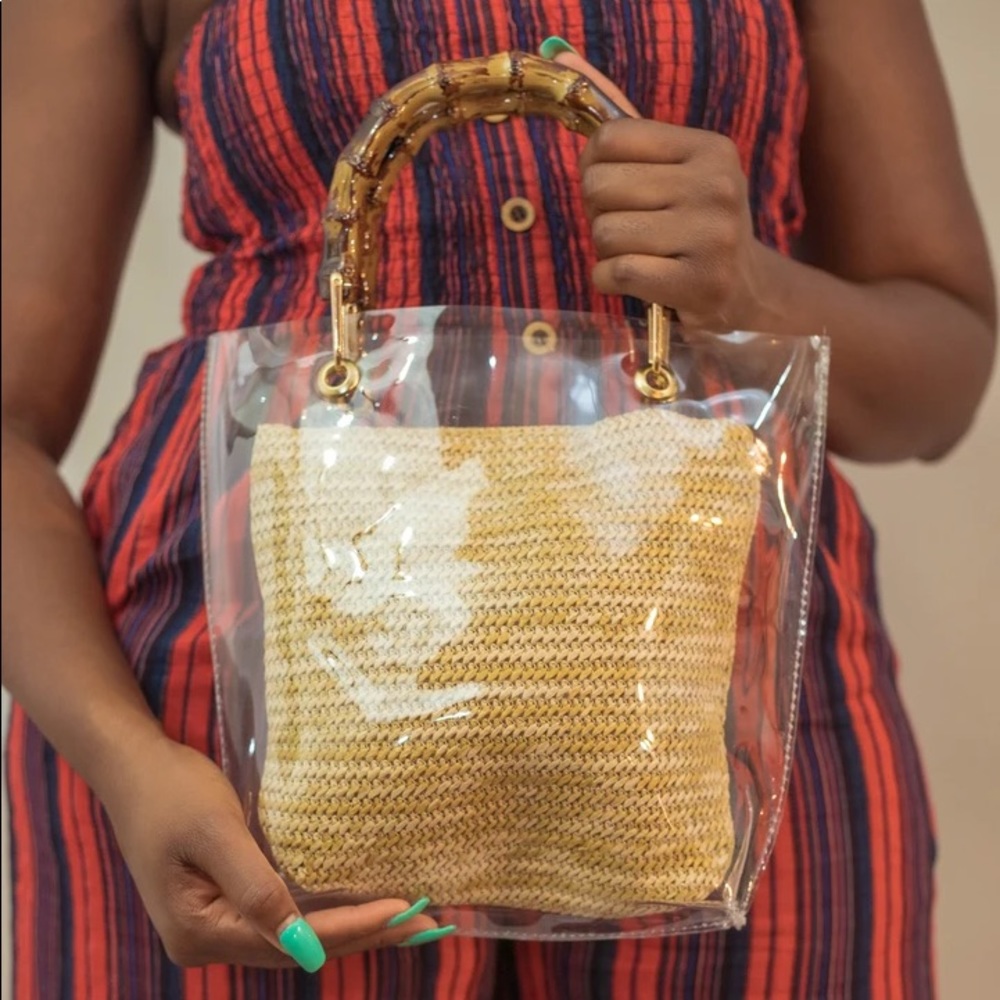 2 in 1 Woven & Clear Vacation Ready Handbag With Bamboo Handle & Gold Chain